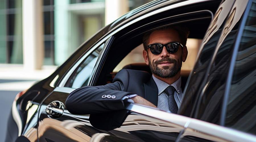 A man in a suit and sunglasses is sitting in a limousine.